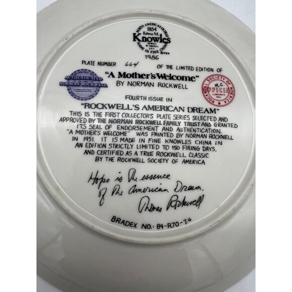 1986 Knowles Norman Rockwell Plate A Mother's Welcome 8.5" Bradex 84-R70-7.4 - Picture 4 of 6